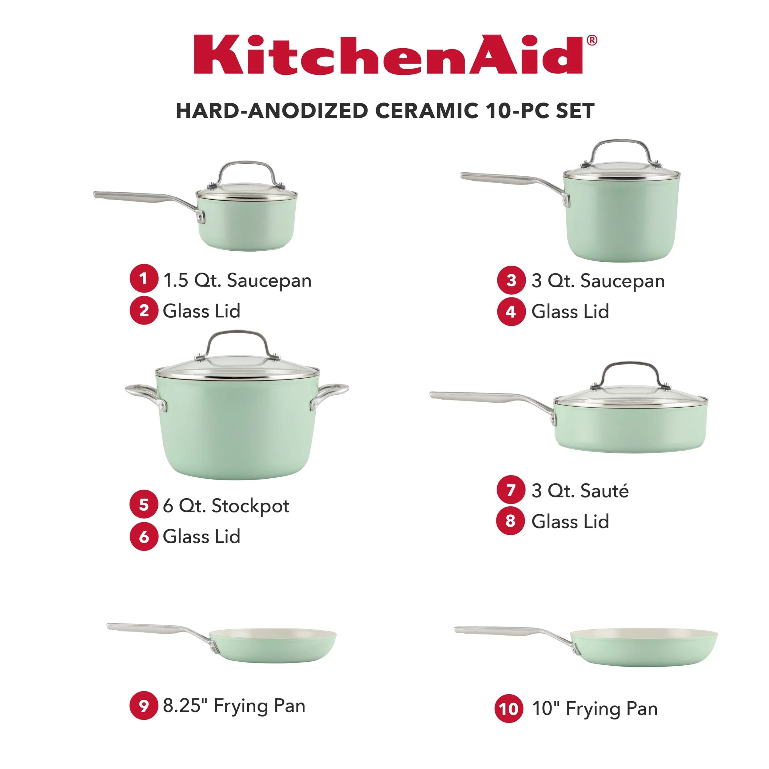 KitchenAid 10pc Hard Anodized Ceramic Cookware Set - Pistachio - Image 2