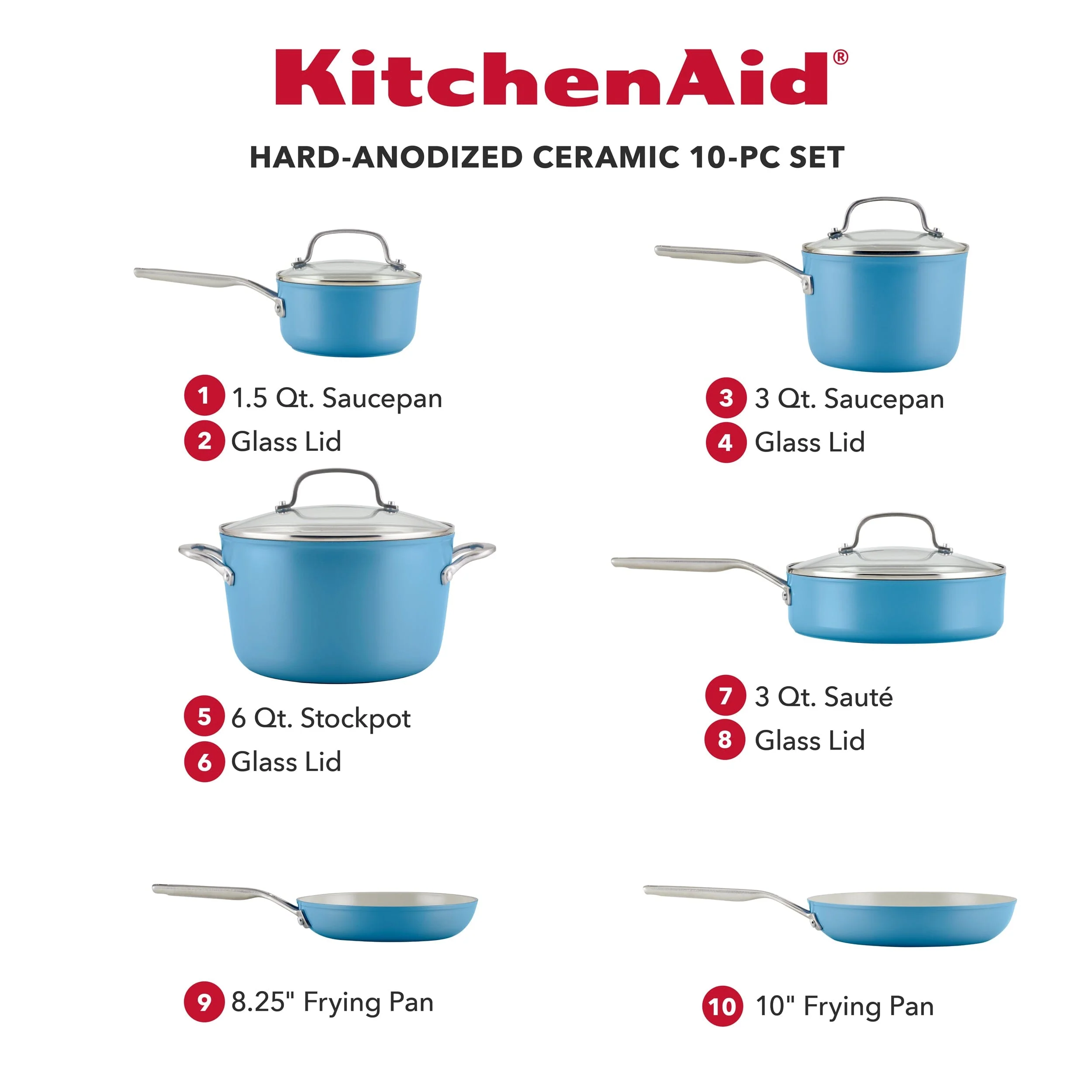 KitchenAid 10pc Hard Anodized Ceramic Cookware Set - Blue Velvet - Image 2