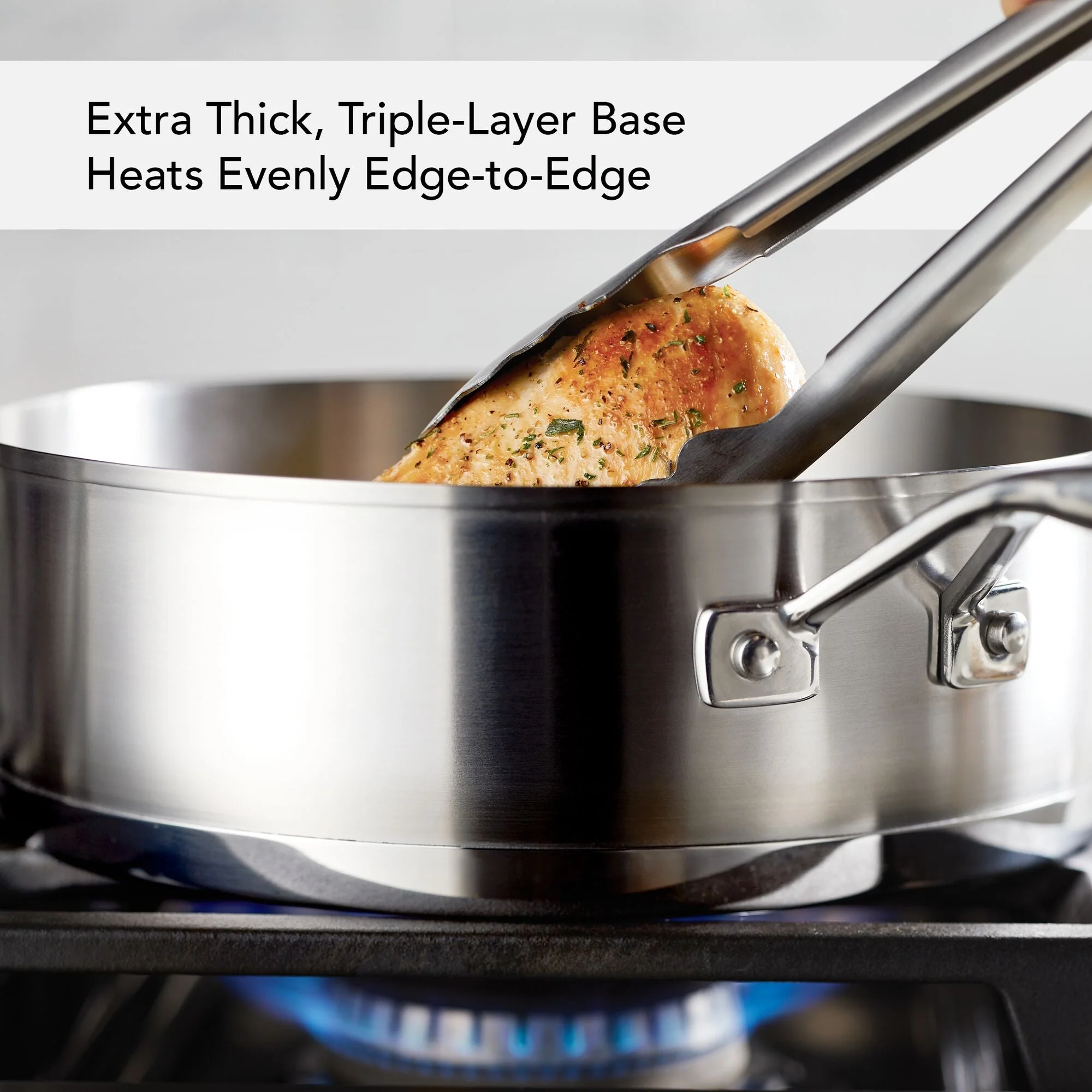 KitchenAid 3-Ply Base Stainless Steel Deep Sauté Pan with Helper Handle and Lid, 4.5-Quart, Brushed Stainless Steel - Image 2