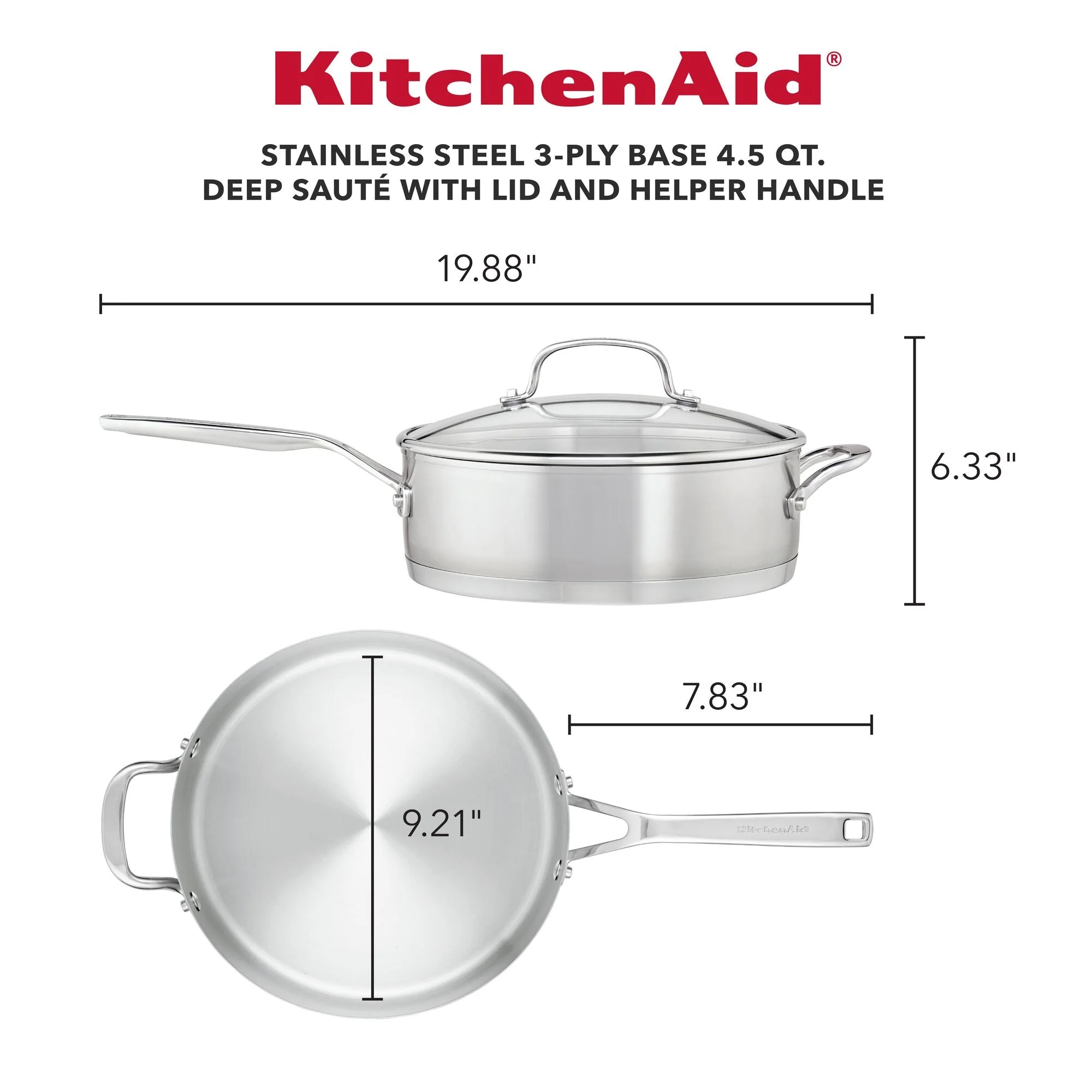 KitchenAid 3-Ply Base Stainless Steel Deep Sauté Pan with Helper Handle and Lid, 4.5-Quart, Brushed Stainless Steel - Image 5