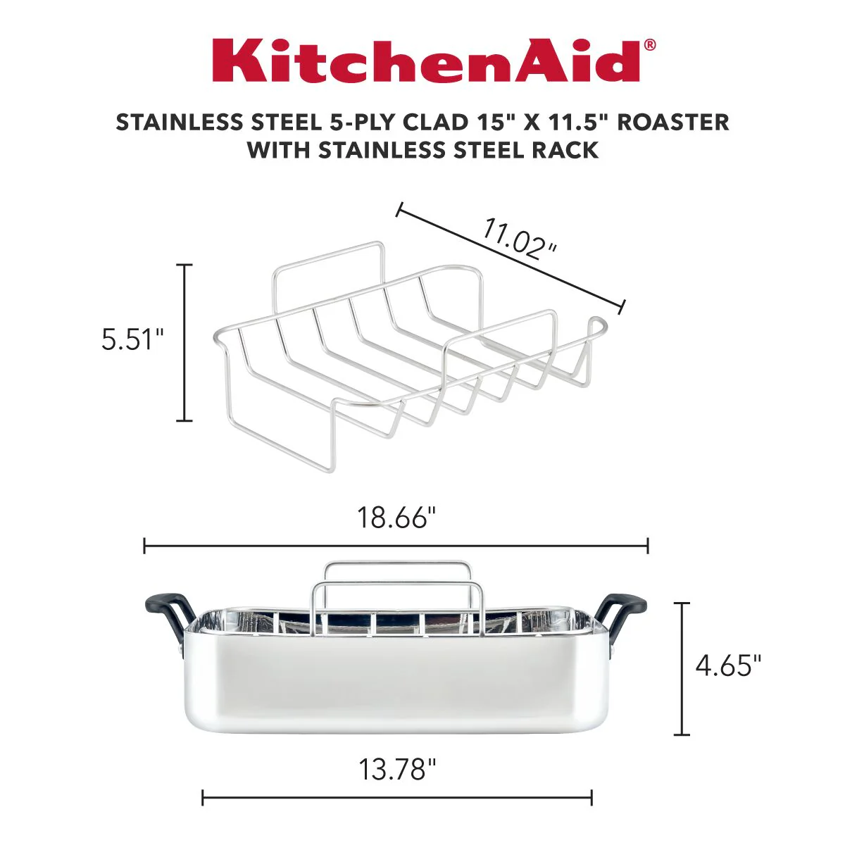 KitchenAid 5-Ply Clad Stainless Steel Roaster with Removable Rack, 15-Inch x 11.5-Inch, Polished Stainless Steel - Image 4