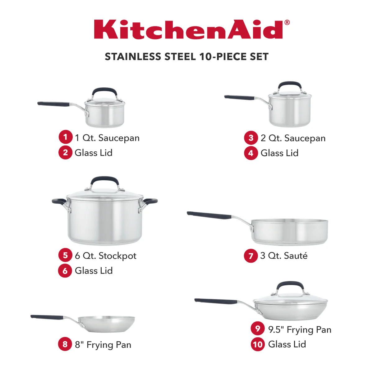 KitchenAid Stainless Steel Cookware Set, 10-Piece, Brushed Stainless Steel - Image 2