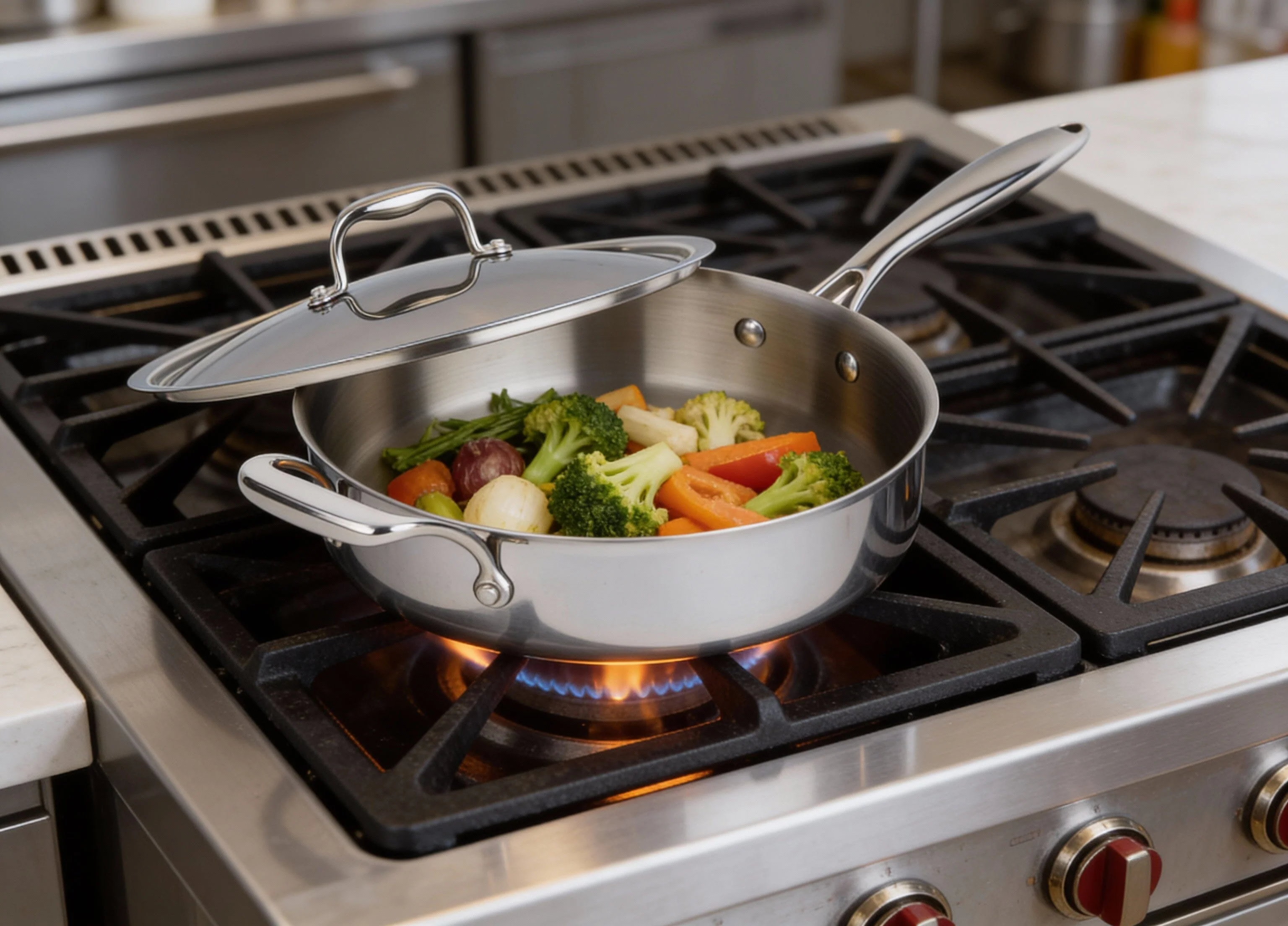 Meyer SuperSteel Tri-Ply Clad Stainless Steel 4.2L Saute Pan with cover, Made in Canada - Image 3